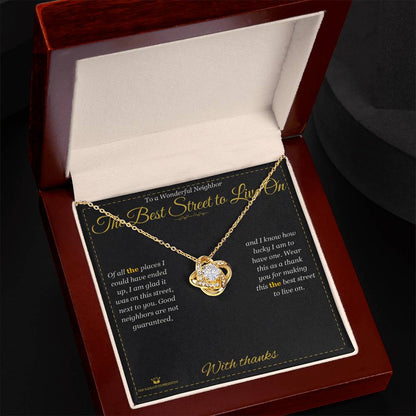 Close-up detail of the love knot necklace for neighbor