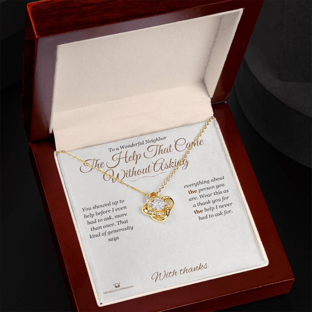 Close-up detail of the love knot necklace for neighbor