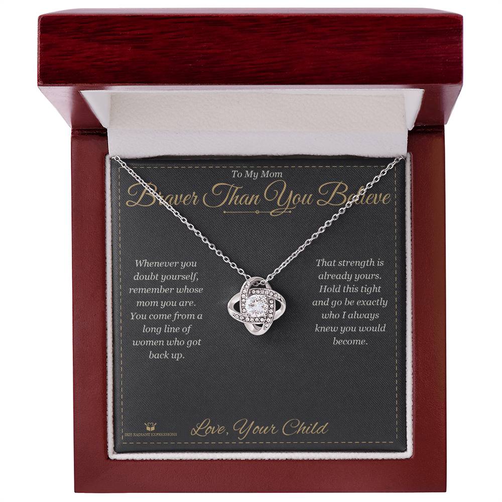 Close-up detail of the love knot necklace for mom