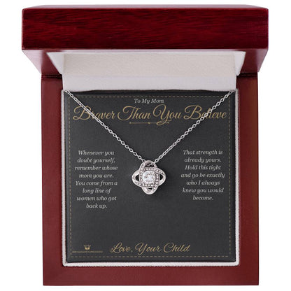 Close-up detail of the love knot necklace for mom