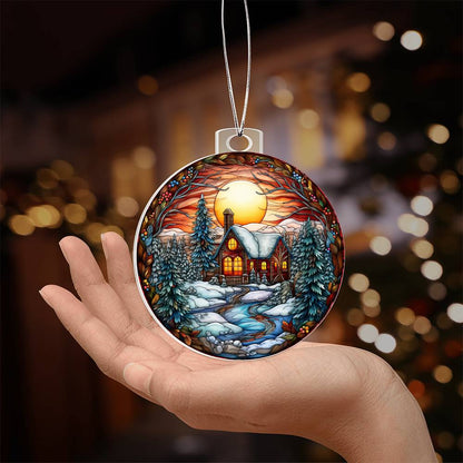 Cozy Cabin Sunset Acrylic Ornament with personalized message card for them