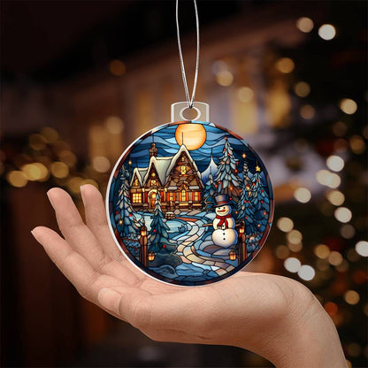 Meaningful gift for them - Snowy Cottage and Snowman Stained Glass Acrylic Ornament