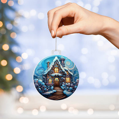 Engraved Enchanted Cottage Winter Acrylic Ornament with message for them