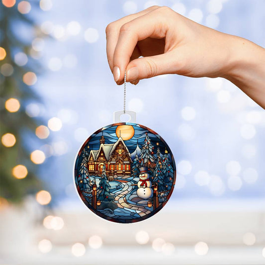 Personalized Snowy Cottage and Snowman Stained Glass Acrylic Ornament for them