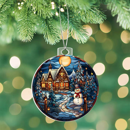 Snowy Cottage and Snowman Stained Glass Acrylic Ornament with personalized message card for them