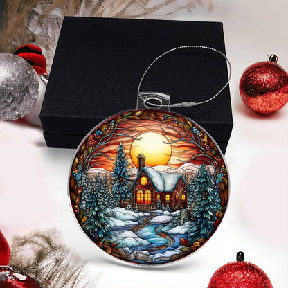 Cozy Cabin Sunset Acrylic Ornament engraved with your own words for them