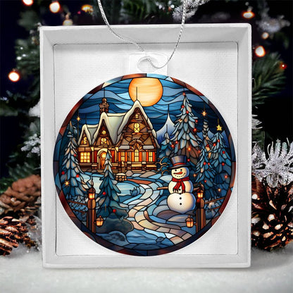 What does a Snowy Cottage and Snowman Stained Glass Acrylic Ornament mean - gift for them