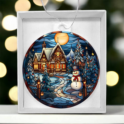 Engraved Snowy Cottage and Snowman Stained Glass Acrylic Ornament with message for them