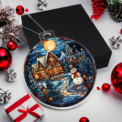 Snowy Cottage and Snowman Stained Glass Acrylic Ornament engraved with your own words for them