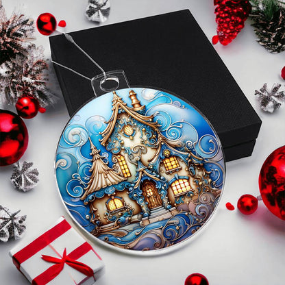 Enchanted Winter Cottage Acrylic Ornament engraved with your own words for them