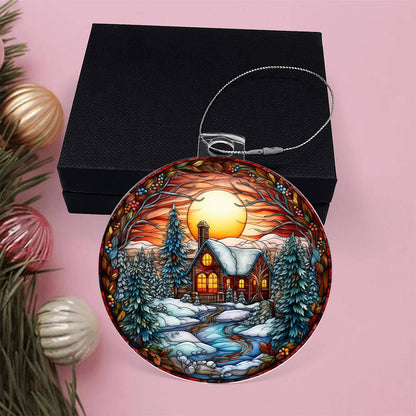 Engraved Cozy Cabin Sunset Acrylic Ornament with message for them