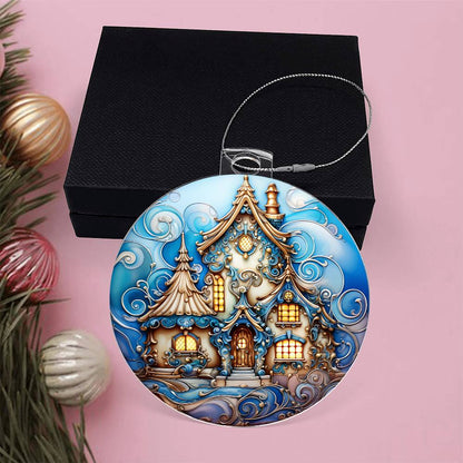 Engraved Enchanted Winter Cottage Acrylic Ornament with message for them