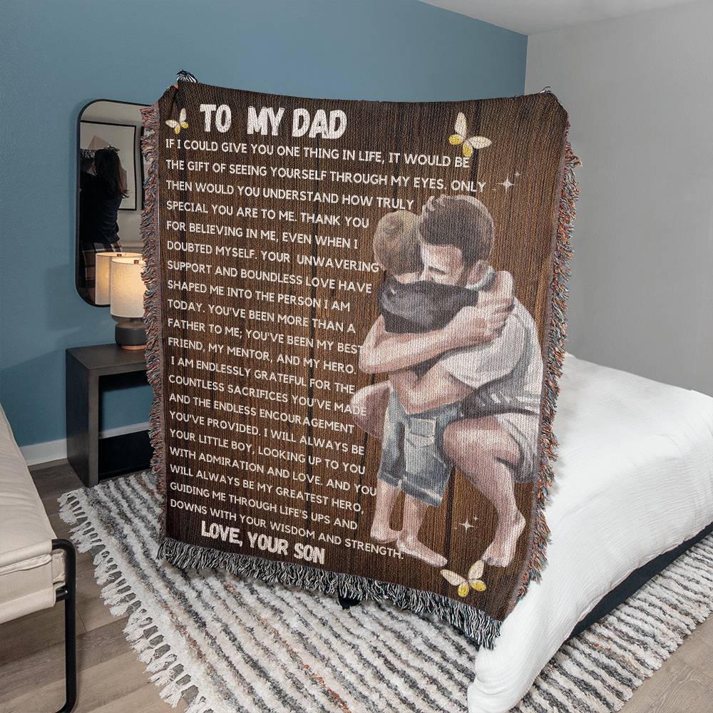 Unforgettable Bond: Heirloom Woven Blanket for Son's Superhero Dad