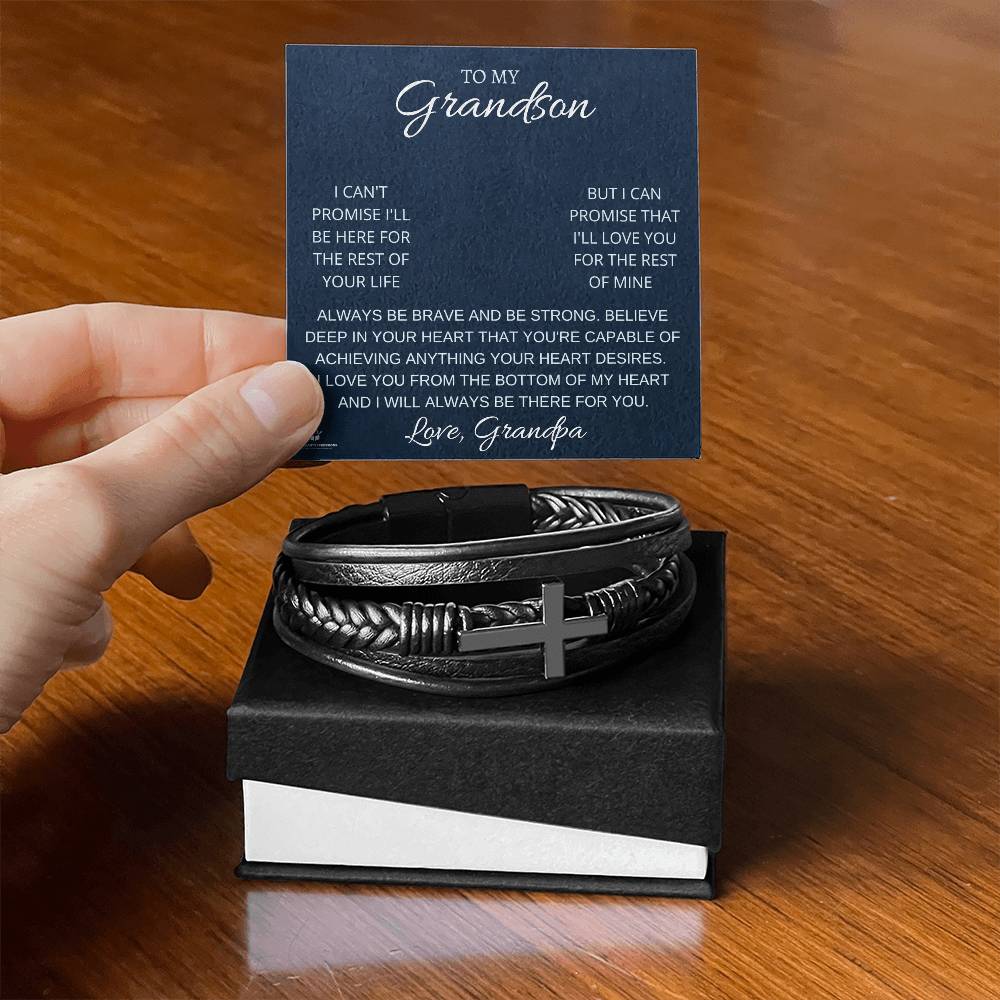 To My Grandson - A Grandfather's Promise of Love - Men's Cross Leather Bracelet