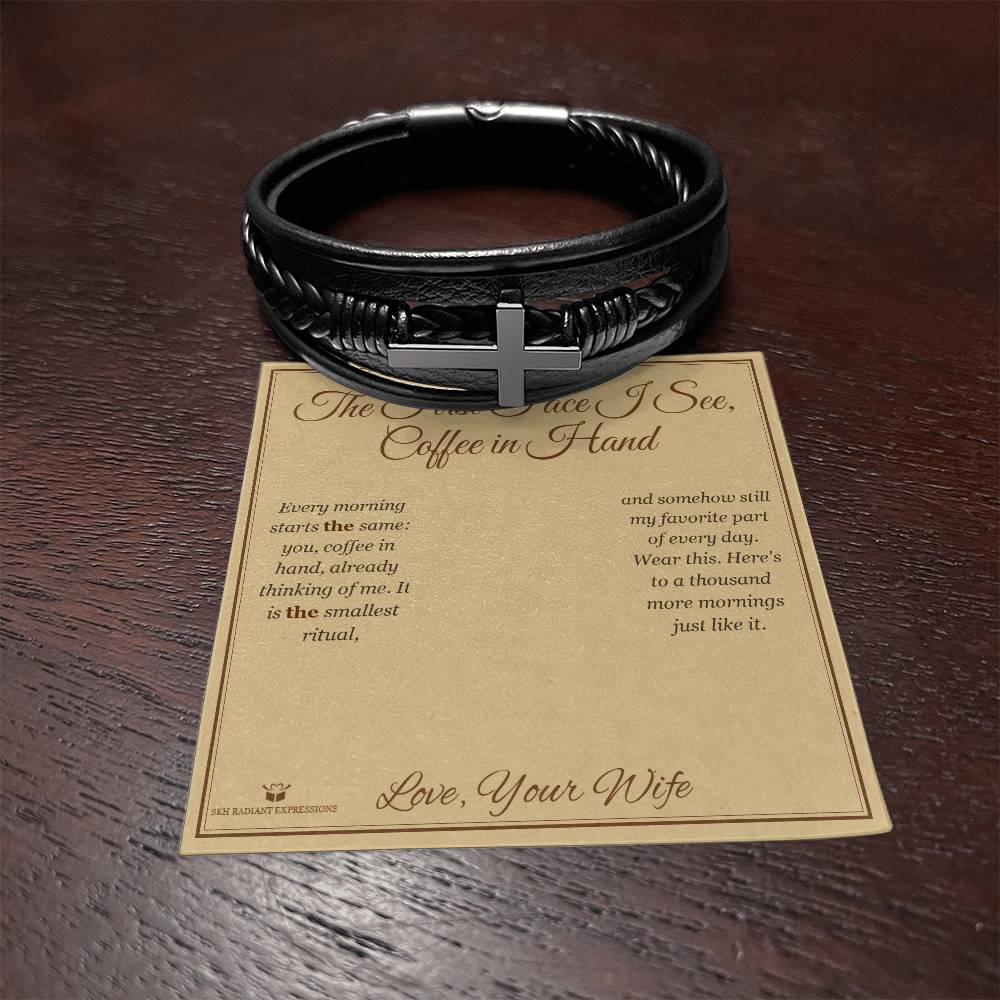 The First Face I See, Coffee in Hand - Men's Cross Bracelet for Husband - personalized keepsake gift from SKH Radiant Expressions
