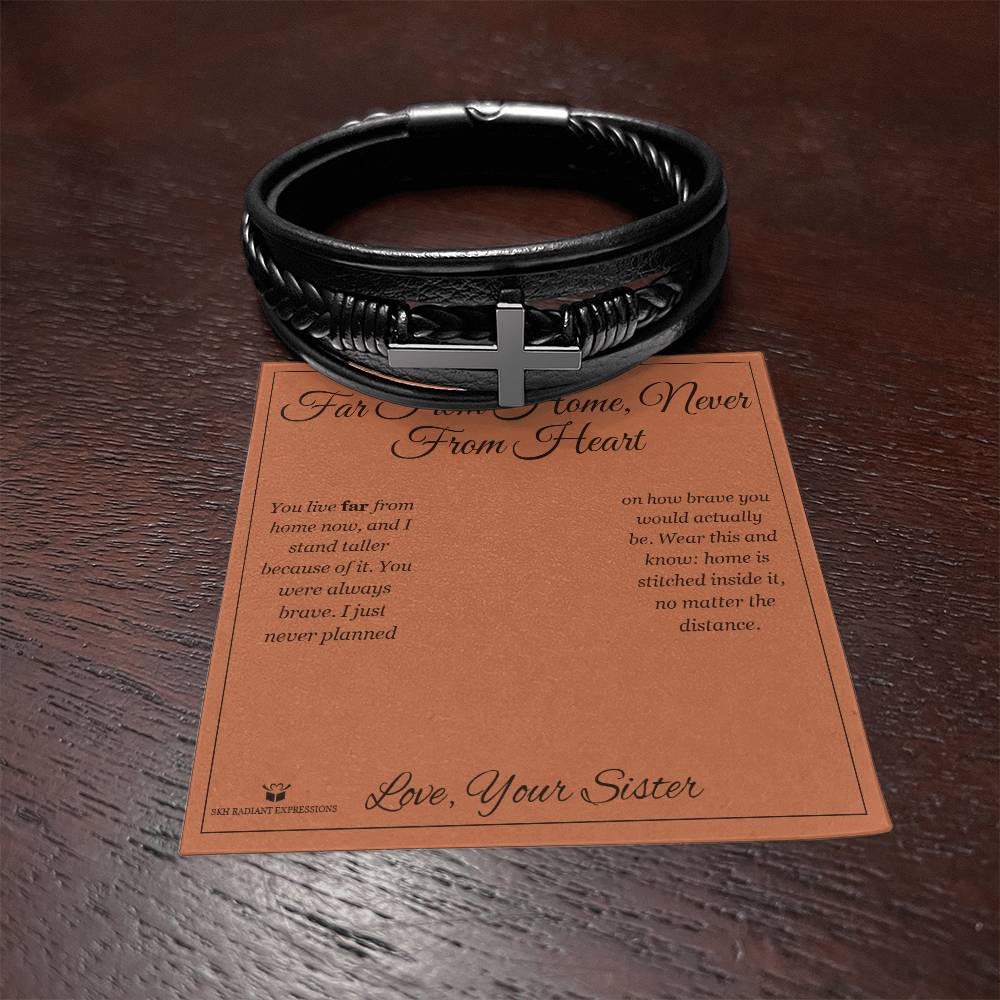 Far From Home, Never From Heart - Men's Cross Bracelet for Brother - personalized keepsake gift from SKH Radiant Expressions