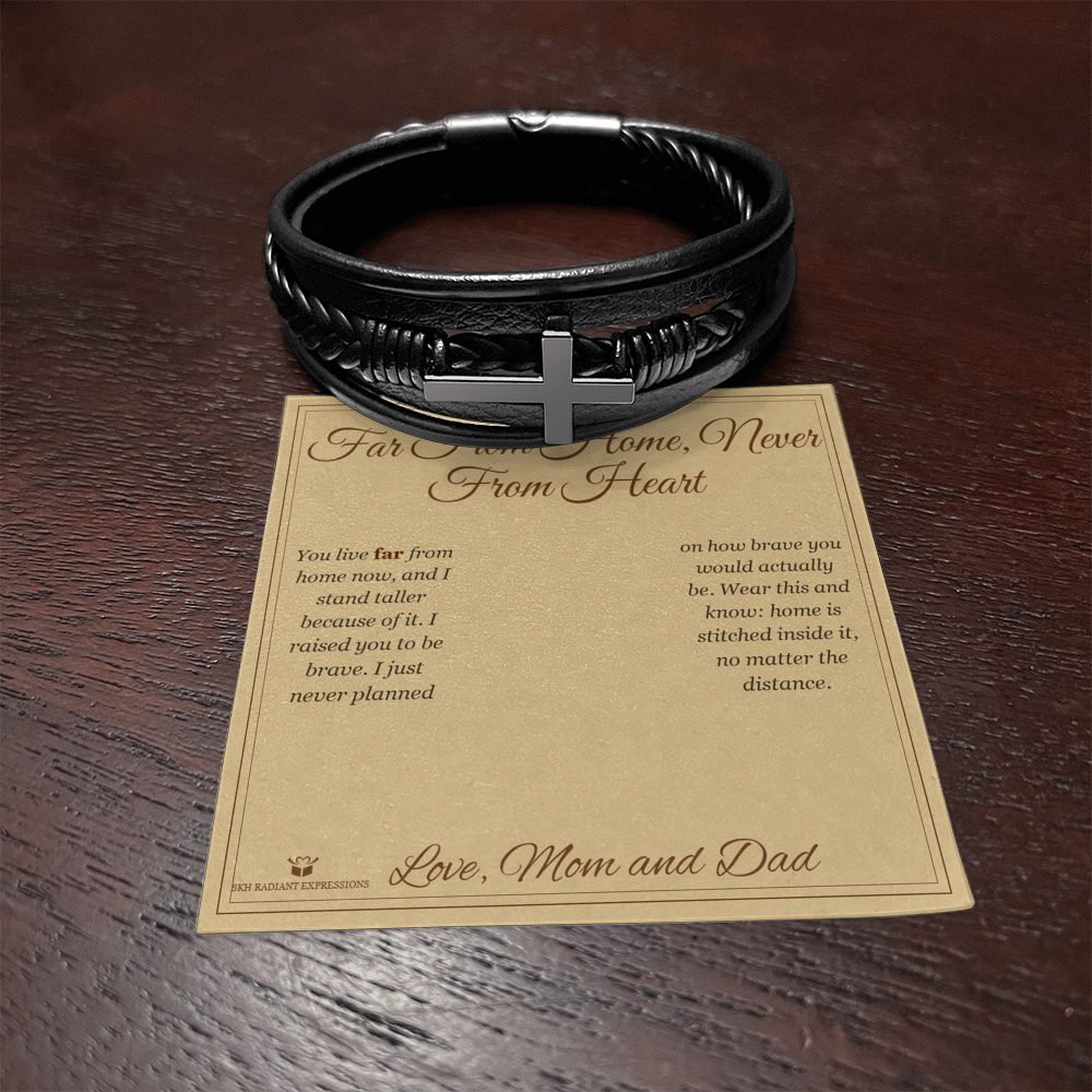 Far From Home, Never From Heart - Men's Cross Bracelet for Son