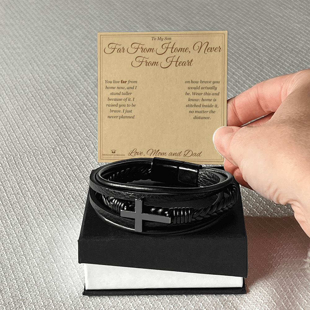 Far From Home, Never From Heart - Men's Cross Bracelet for Son - personalized keepsake gift from SKH Radiant Expressions