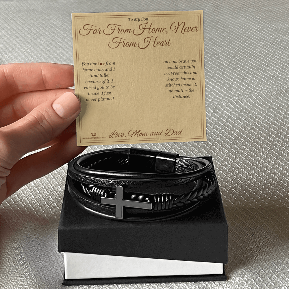 Far From Home, Never From Heart - Men's Cross Bracelet for Son