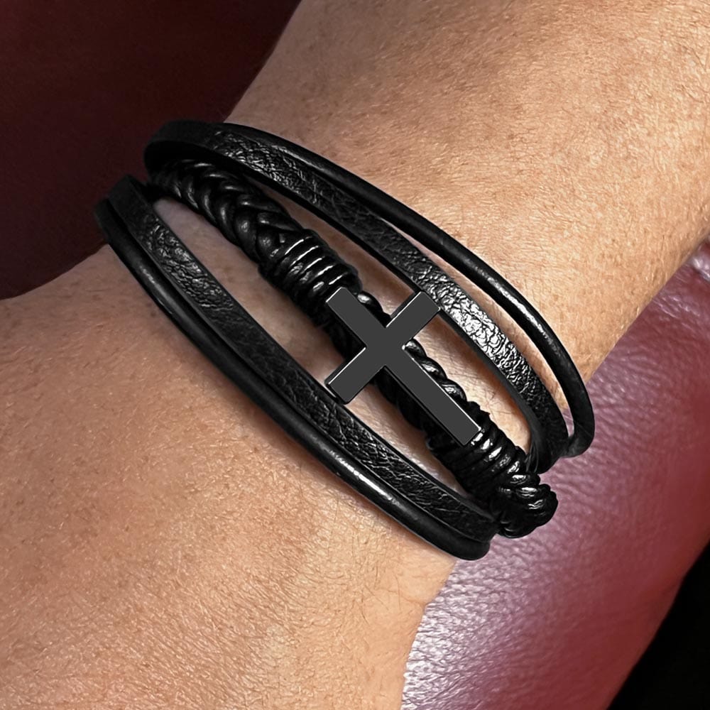 To My Grandson - A Grandfather's Promise of Love - Men's Cross Leather Bracelet