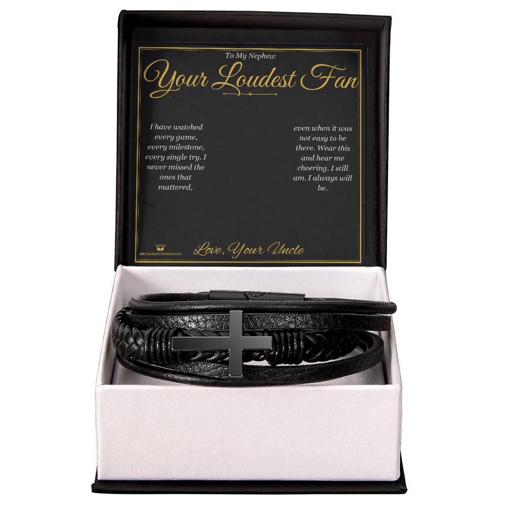 Your Loudest Fan - Men's Cross Bracelet for Nephew - personalized keepsake gift from SKH Radiant Expressions
