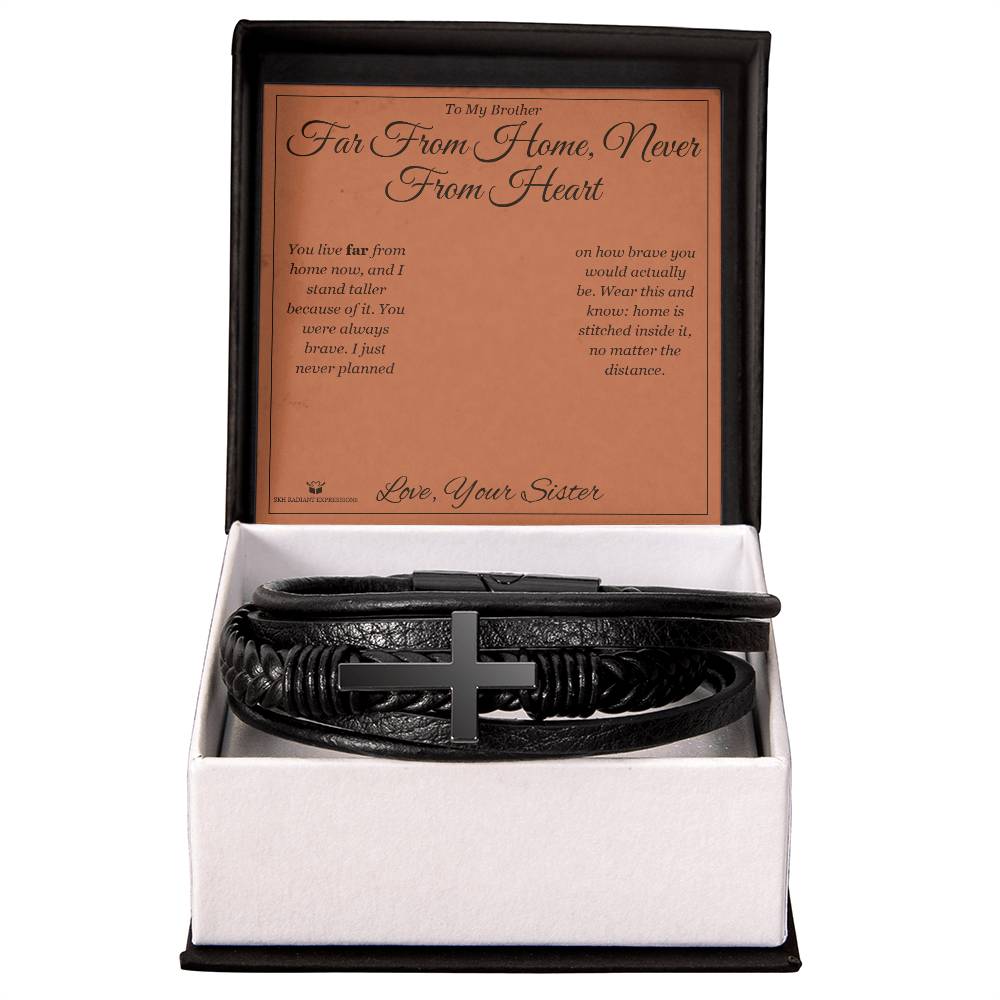 Far From Home, Never From Heart - Men's Cross Bracelet for Brother - personalized keepsake gift from SKH Radiant Expressions