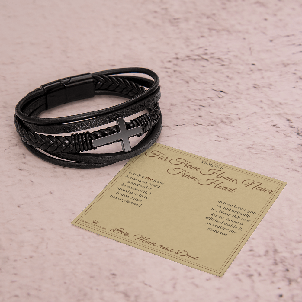 Far From Home, Never From Heart - Men's Cross Bracelet for Son