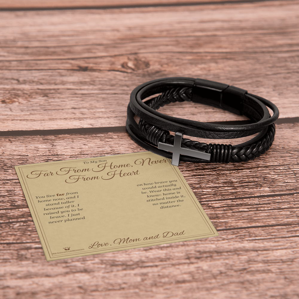 Far From Home, Never From Heart - Men's Cross Bracelet for Son