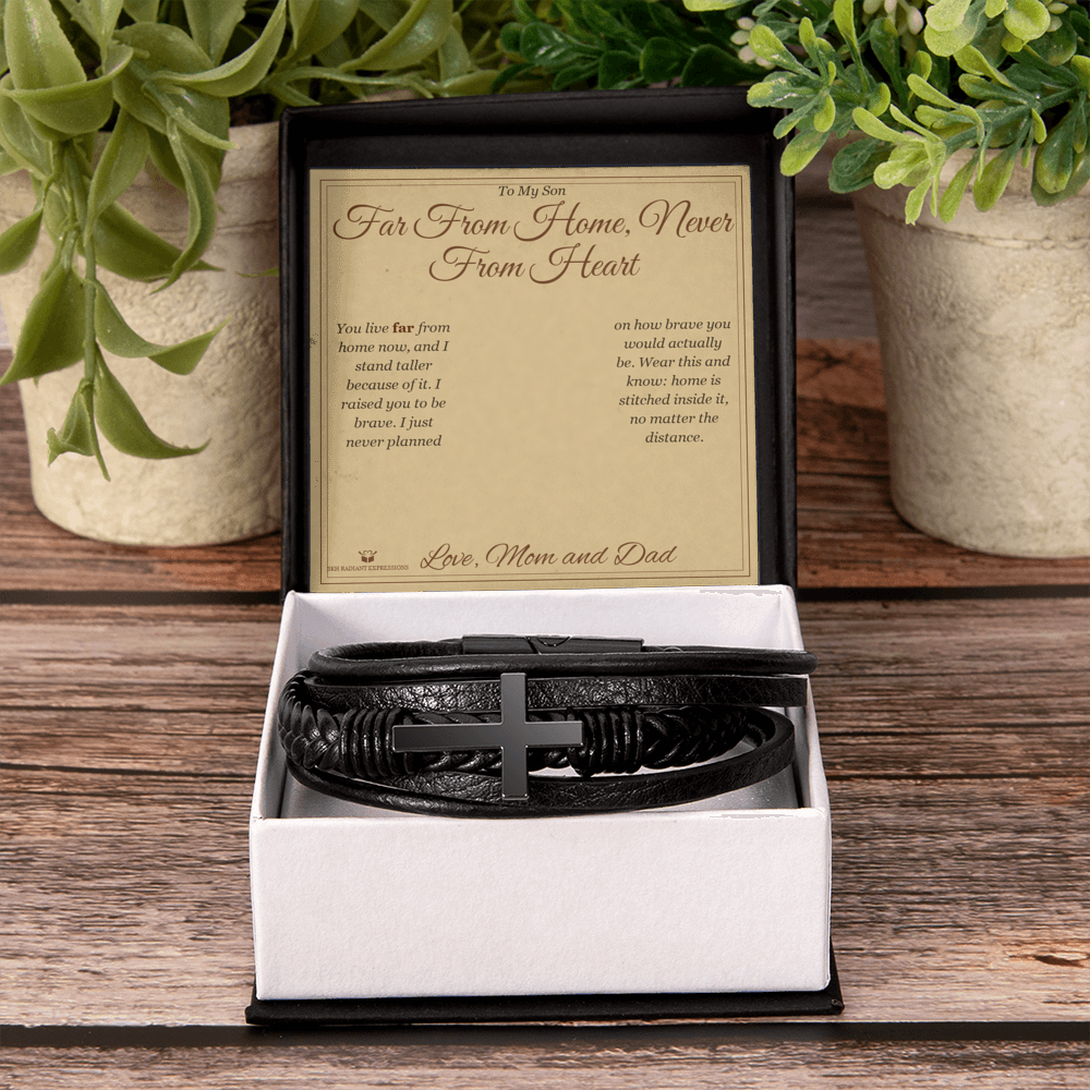 Far From Home, Never From Heart - Men's Cross Bracelet for Son