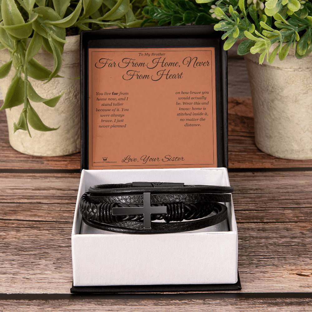 Far From Home, Never From Heart - Men's Cross Bracelet for Brother
