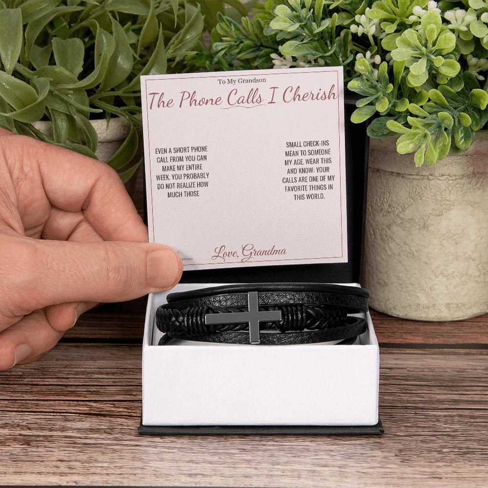 The Phone Calls I Cherish - Men's Cross Bracelet for Grandson