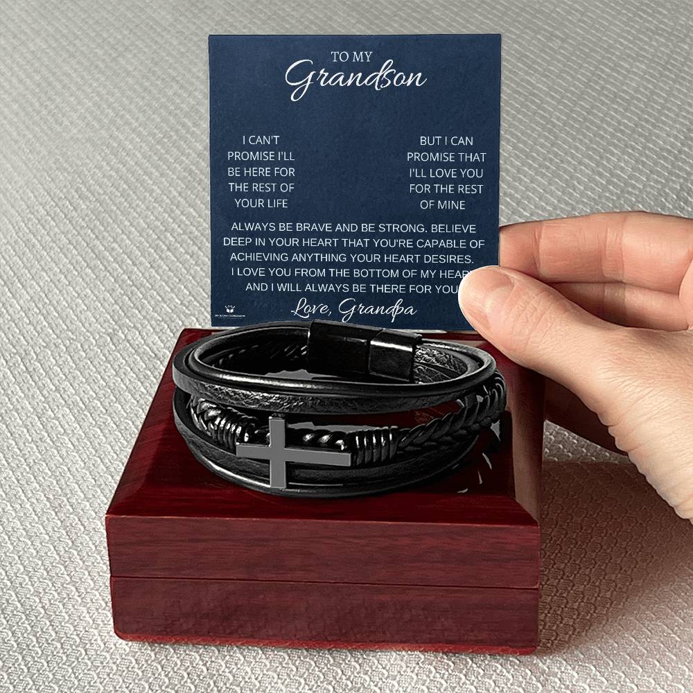 To My Grandson - A Grandfather's Promise of Love - Men's Cross Leather Bracelet