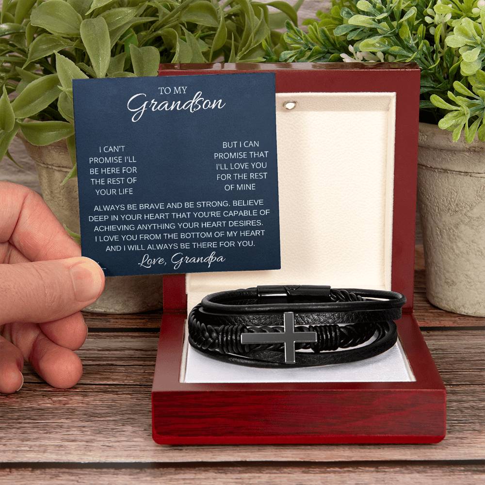 To My Grandson - A Grandfather's Promise of Love - Men's Cross Leather Bracelet