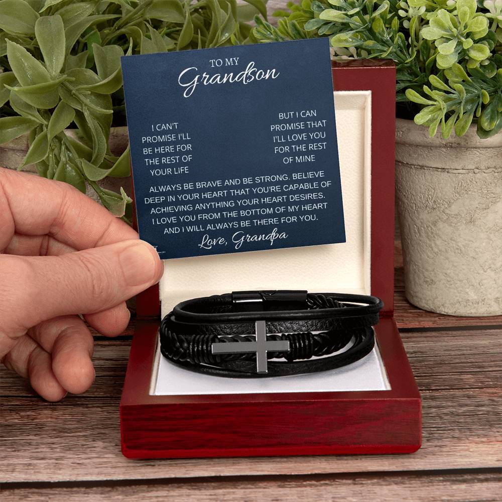 To My Grandson - A Grandfather's Promise of Love - Men's Cross Leather Bracelet