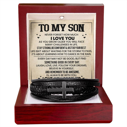 To My Son – A Message of Love and Strength – Men's Cross Leather Bracelet