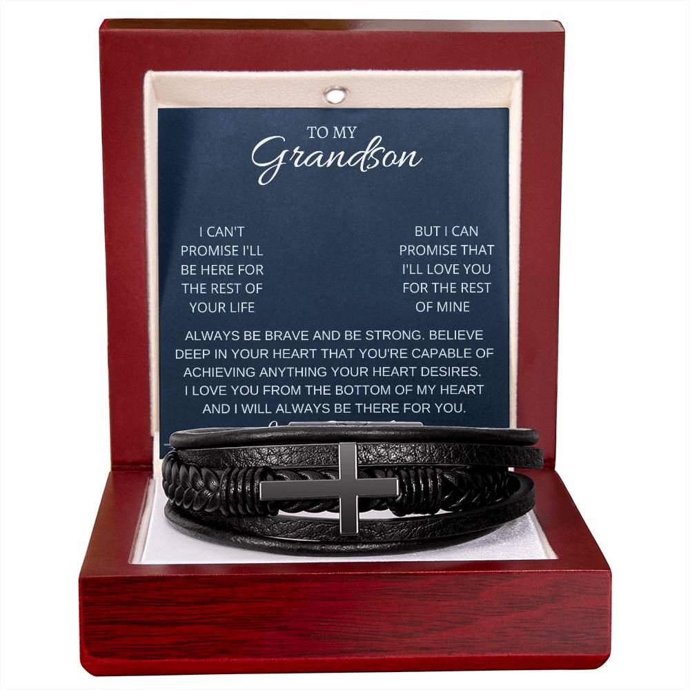 To My Grandson - A Grandfather's Promise of Love - Men's Cross Leather Bracelet