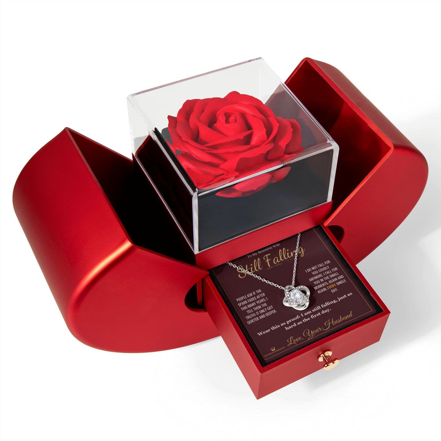 Still Falling - Love Knot Necklace with Red Rose Box for Wife - personalized keepsake gift from SKH Radiant Expressions