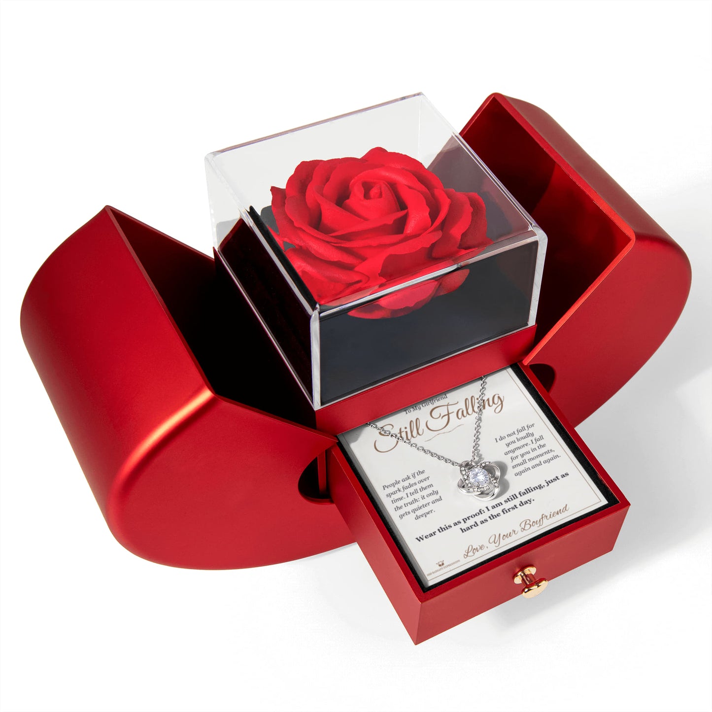 Still Falling - Love Knot Necklace with Red Rose Box for Girlfriend - personalized keepsake gift from SKH Radiant Expressions
