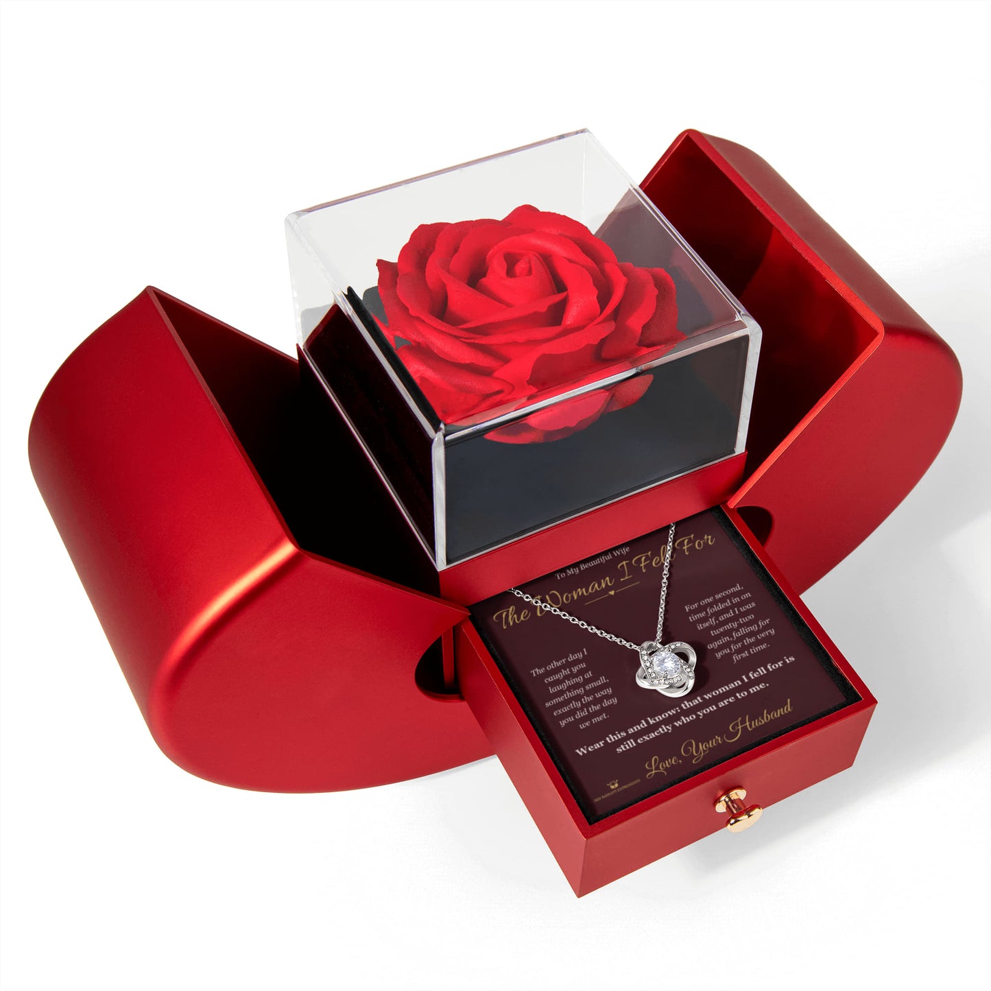 The Woman I Fell For - Love Knot Necklace with Red Rose Box for Wife - personalized keepsake gift from SKH Radiant Expressions
