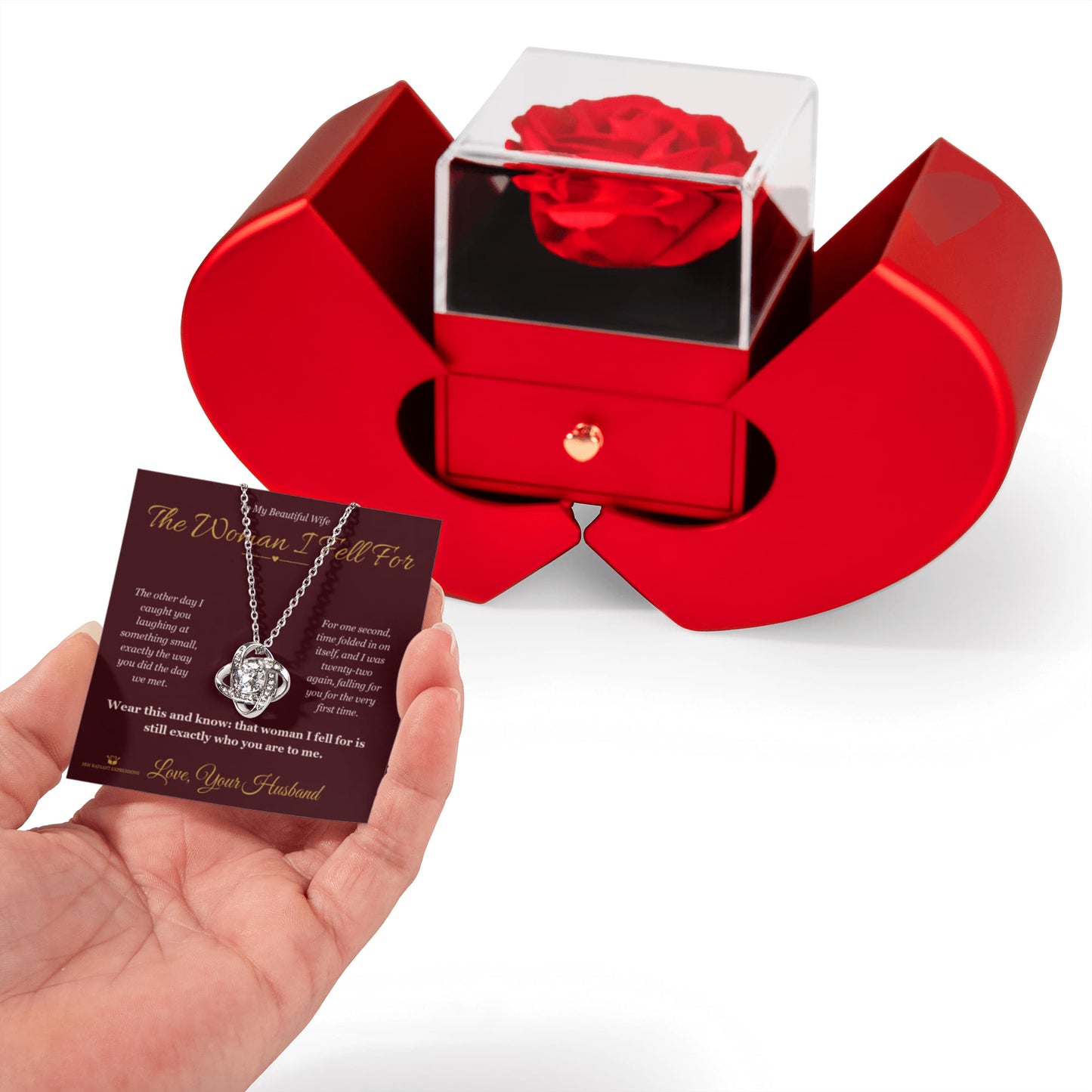 The Woman I Fell For - Love Knot Necklace with Red Rose Box for Wife - personalized keepsake gift from SKH Radiant Expressions