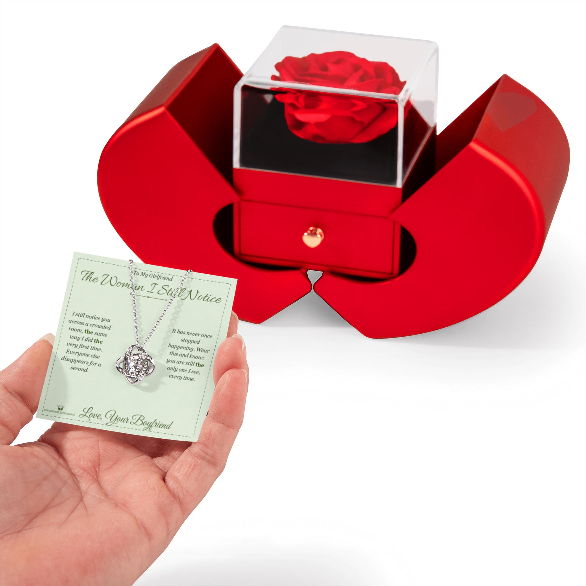 The Woman I Still Notice - Love Knot Necklace with Red Rose Box for Girlfriend - personalized keepsake gift from SKH Radiant Expressions