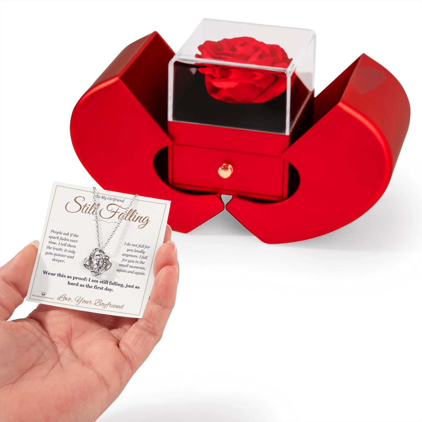 Still Falling - Love Knot Necklace with Red Rose Box for Girlfriend - personalized keepsake gift from SKH Radiant Expressions