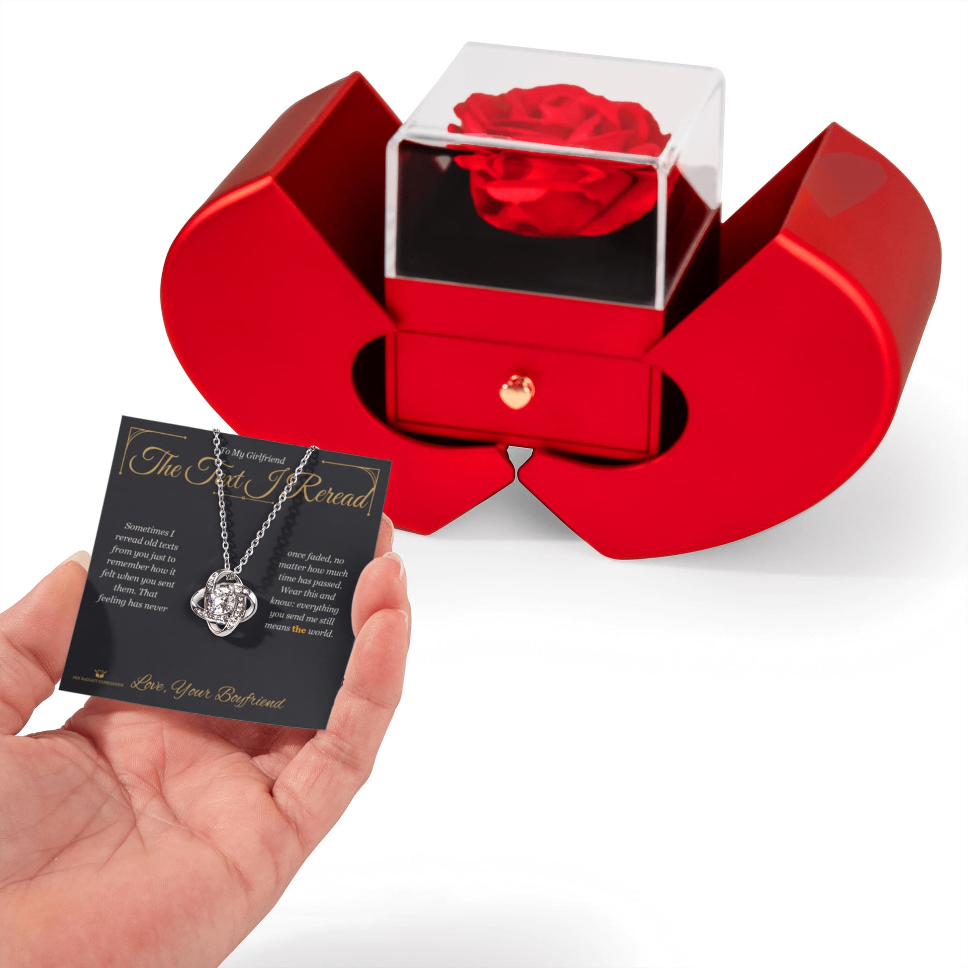 The Text I Reread - Love Knot Necklace with Red Rose Box for Girlfriend - personalized keepsake gift from SKH Radiant Expressions