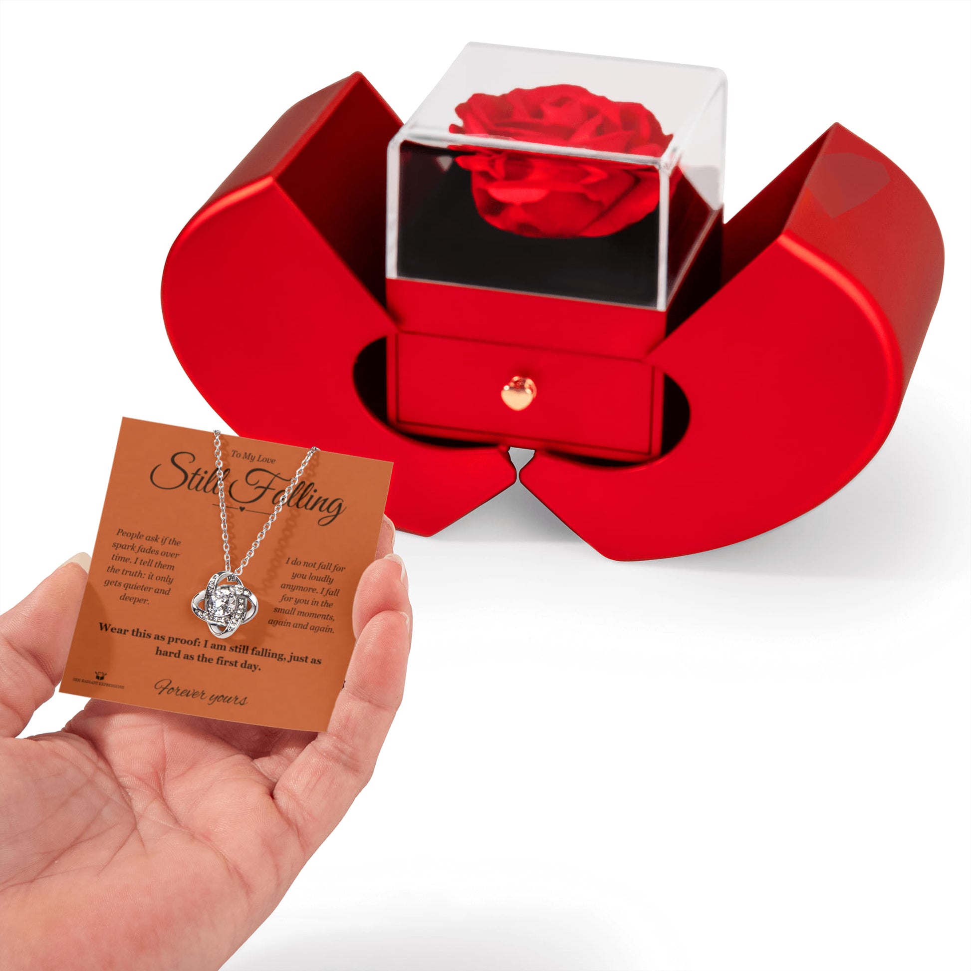 Still Falling - Love Knot Necklace with Red Rose Box for Partner - personalized keepsake gift from SKH Radiant Expressions