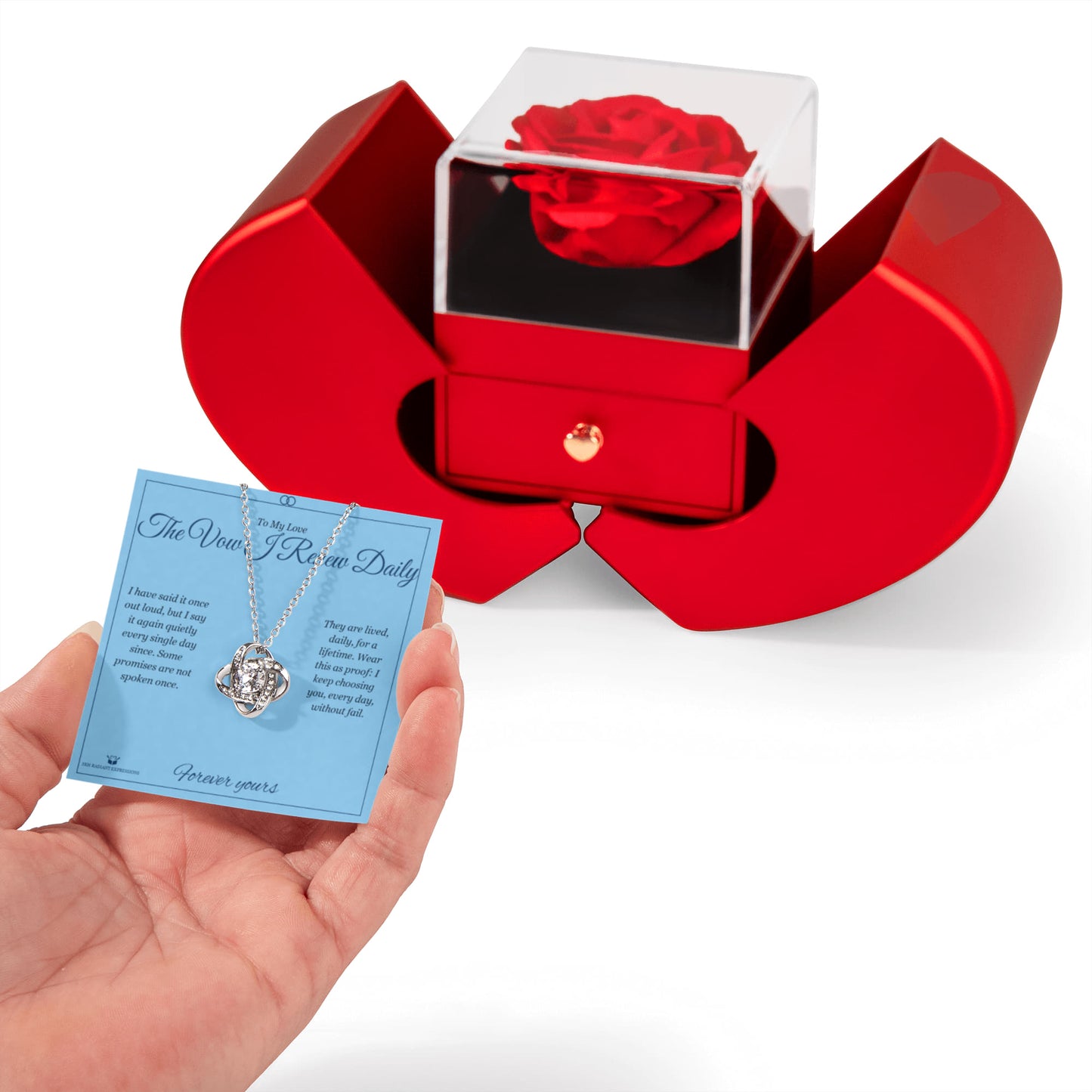 The Vow I Renew Daily - Love Knot Necklace with Red Rose Box for Partner - personalized keepsake gift from SKH Radiant Expressions