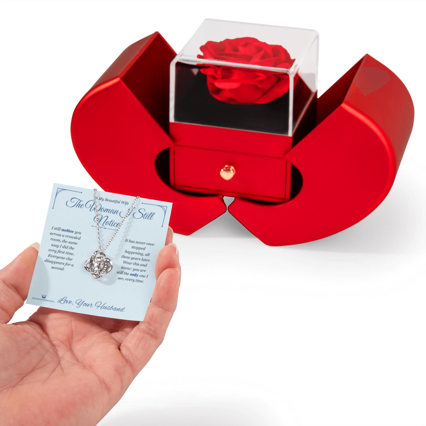 The Woman I Still Notice - Love Knot Necklace with Red Rose Box for Wife - personalized keepsake gift from SKH Radiant Expressions