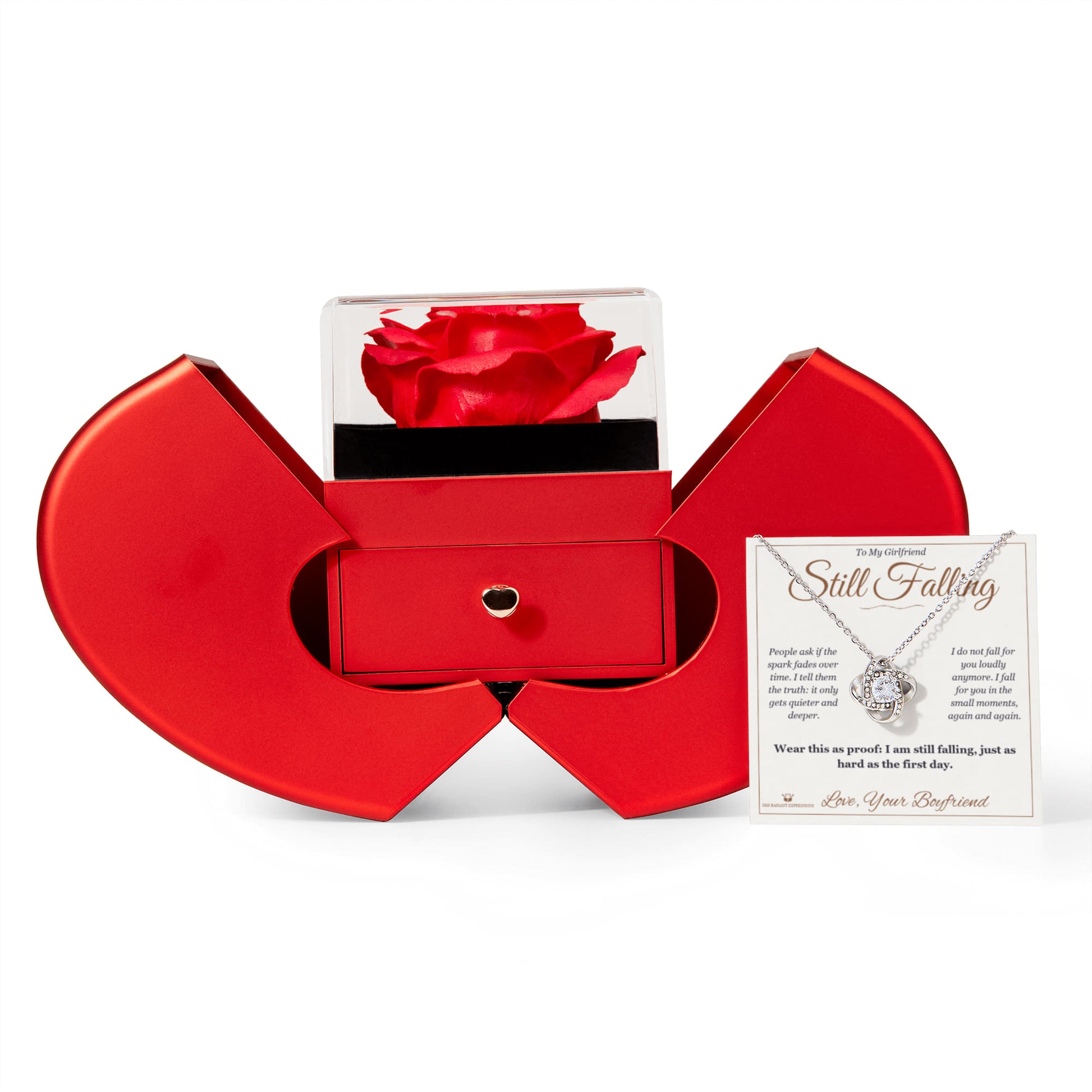 Still Falling - Love Knot Necklace with Red Rose Box for Girlfriend - personalized keepsake gift from SKH Radiant Expressions