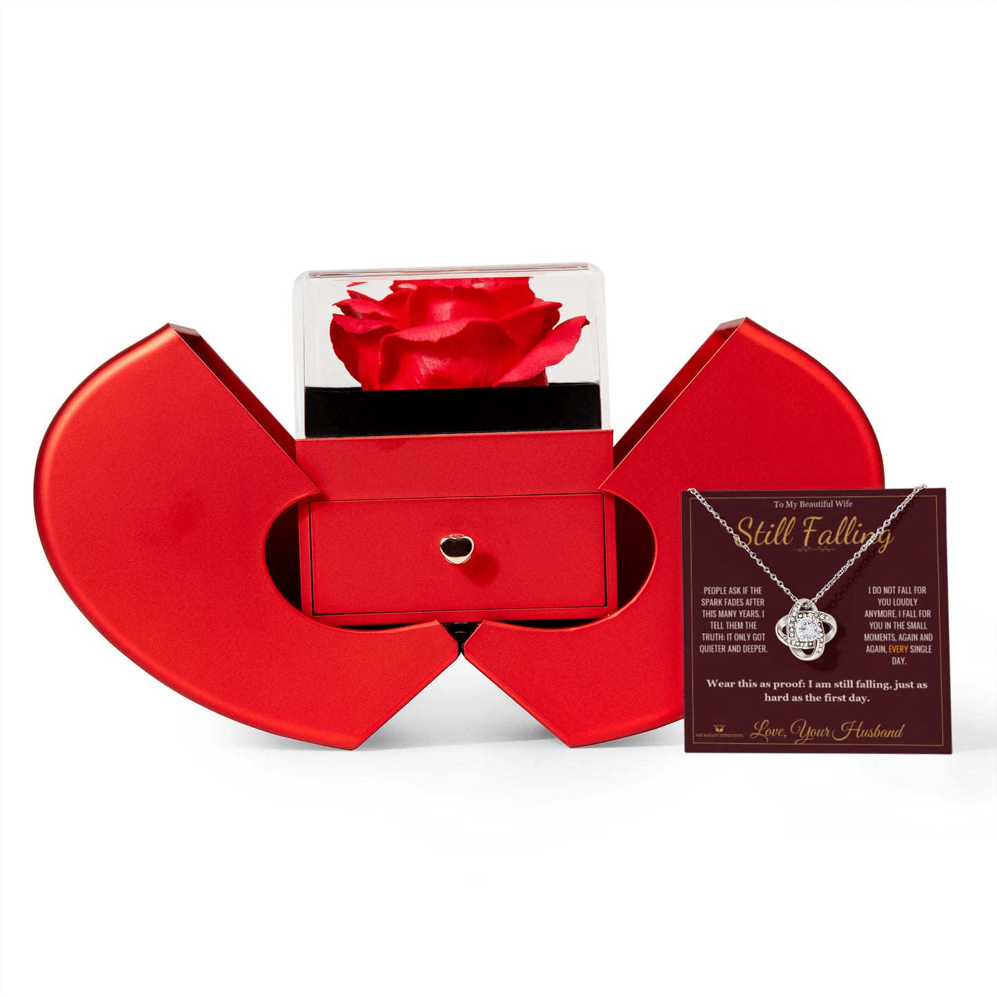 Still Falling - Love Knot Necklace with Red Rose Box for Wife - personalized keepsake gift from SKH Radiant Expressions