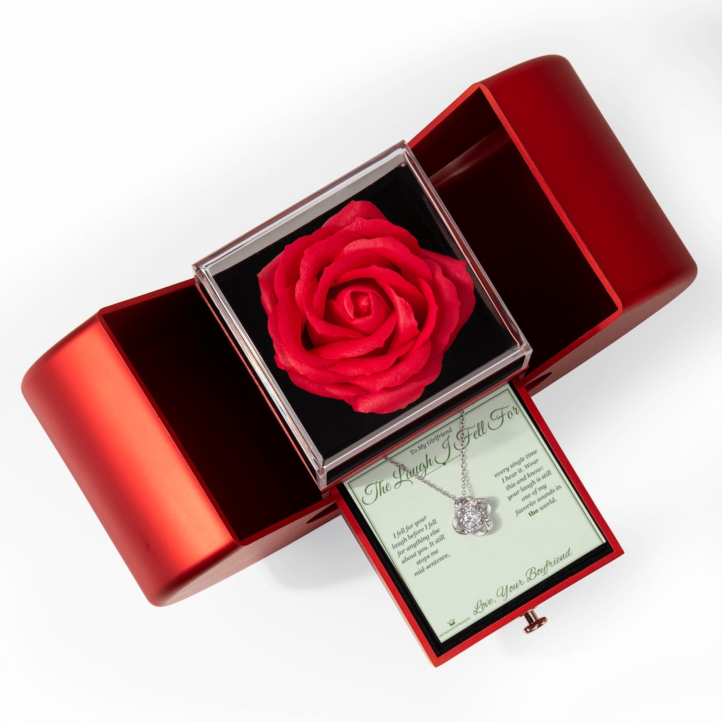 The Laugh I Fell For - Love Knot Necklace with Red Rose Box for Girlfriend - personalized keepsake gift from SKH Radiant Expressions