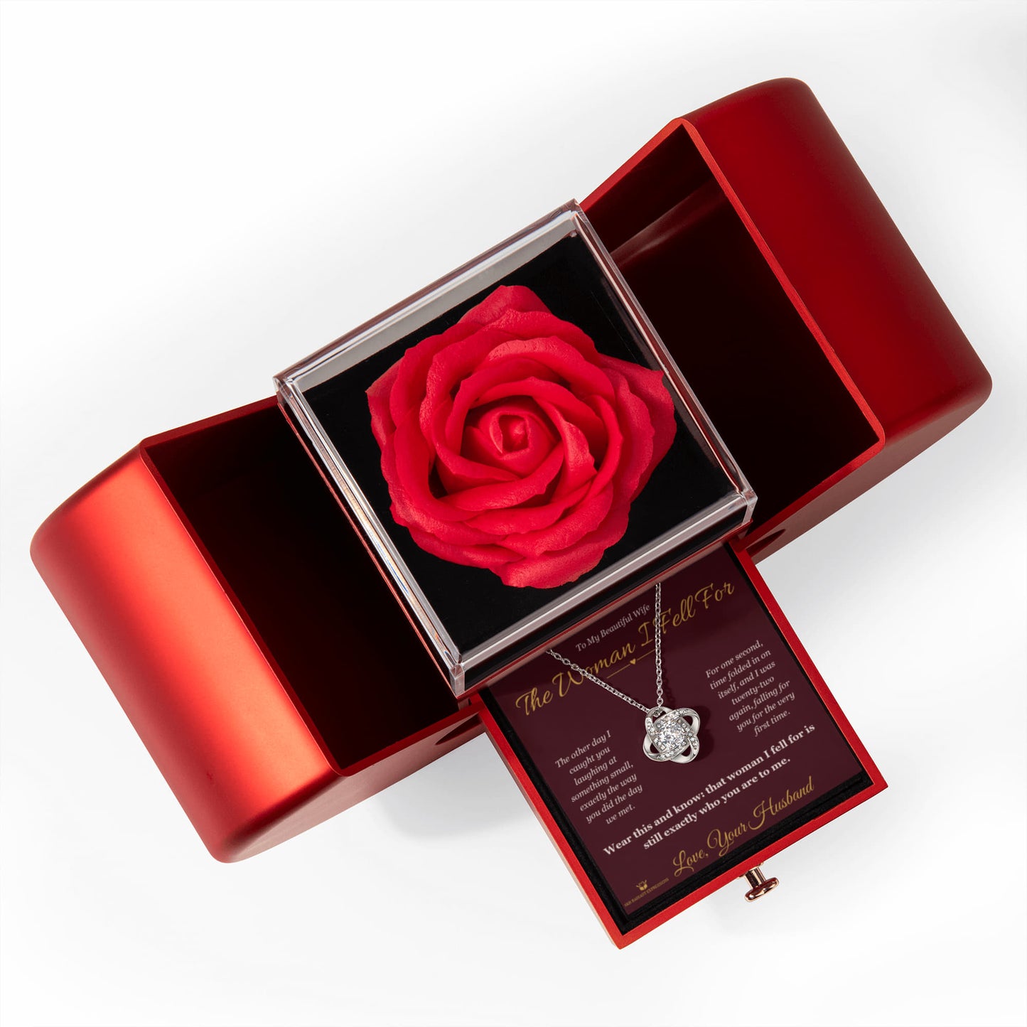 The Woman I Fell For - Love Knot Necklace with Red Rose Box for Wife